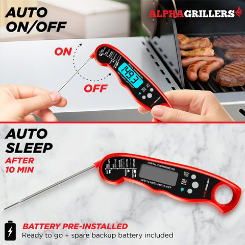 Alpha Grillers IP67 waterproof thermometer ready for washing under running water.