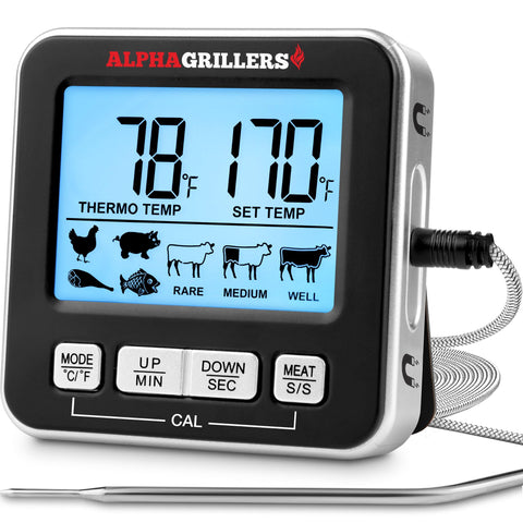 Alpha Grillers meat thermometer digital display provides precise temperature readouts.