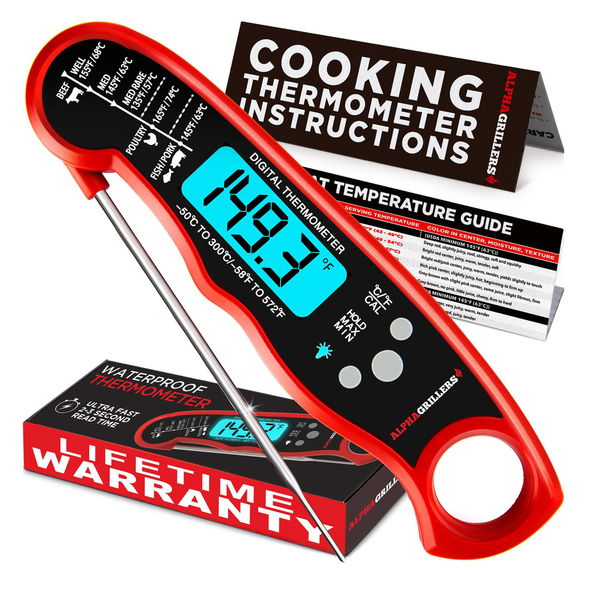 Alpha Grillers meat thermometer instant read display for precise grilling results.