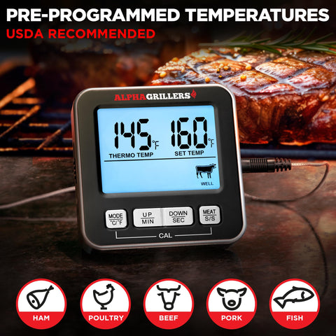 Alpha Grillers probe with timer and alarm ensures timely meals.