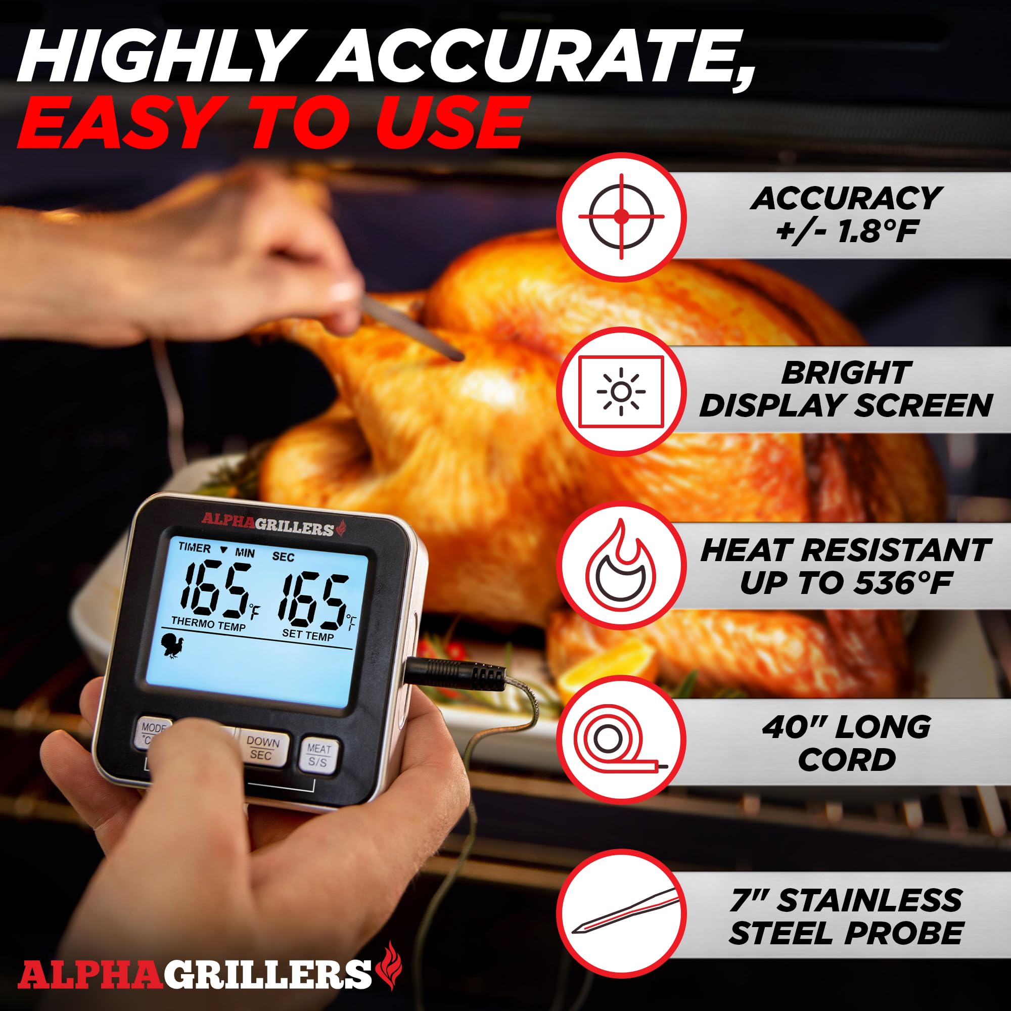 Alpha Grillers thermometer with presets helps match beef, chicken, pork cooking temps.