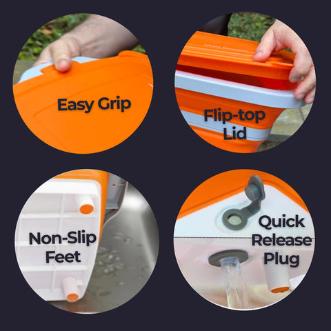 Tub folded flat for compact storage and easy packing.
