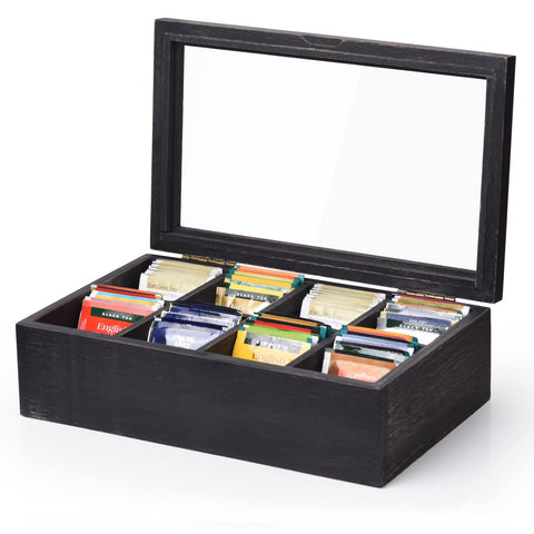 Alsonerbay weathered black wooden tea box with glass window for easy flavor selection.