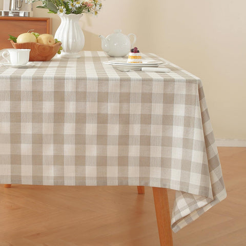 Alsoo checkered tablecloth beige and white protects your table with farmhouse charm.