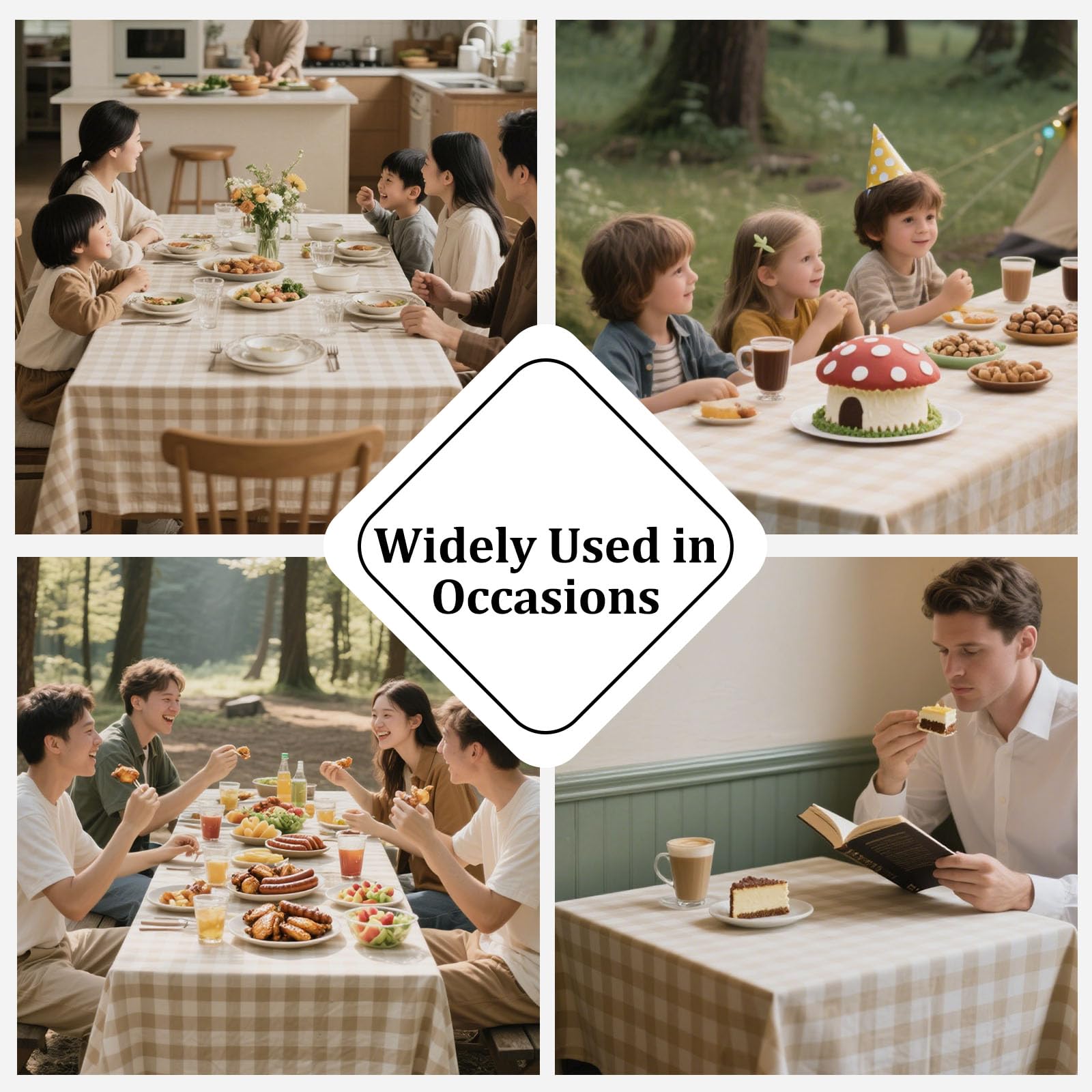 Alsoo beige-white plaid tablecloth protects surfaces and complements decor.