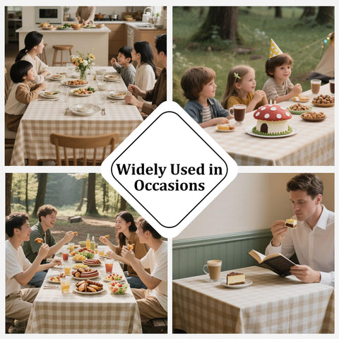 Alsoo beige-white plaid tablecloth protects surfaces and complements decor.