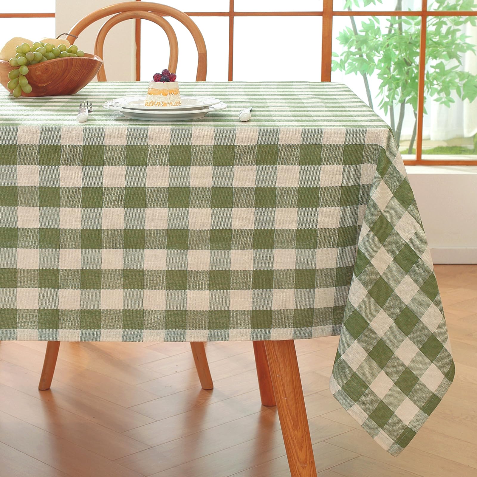 Alsoo gingham tablecloth on table shows sturdy drop for 4-6 seats