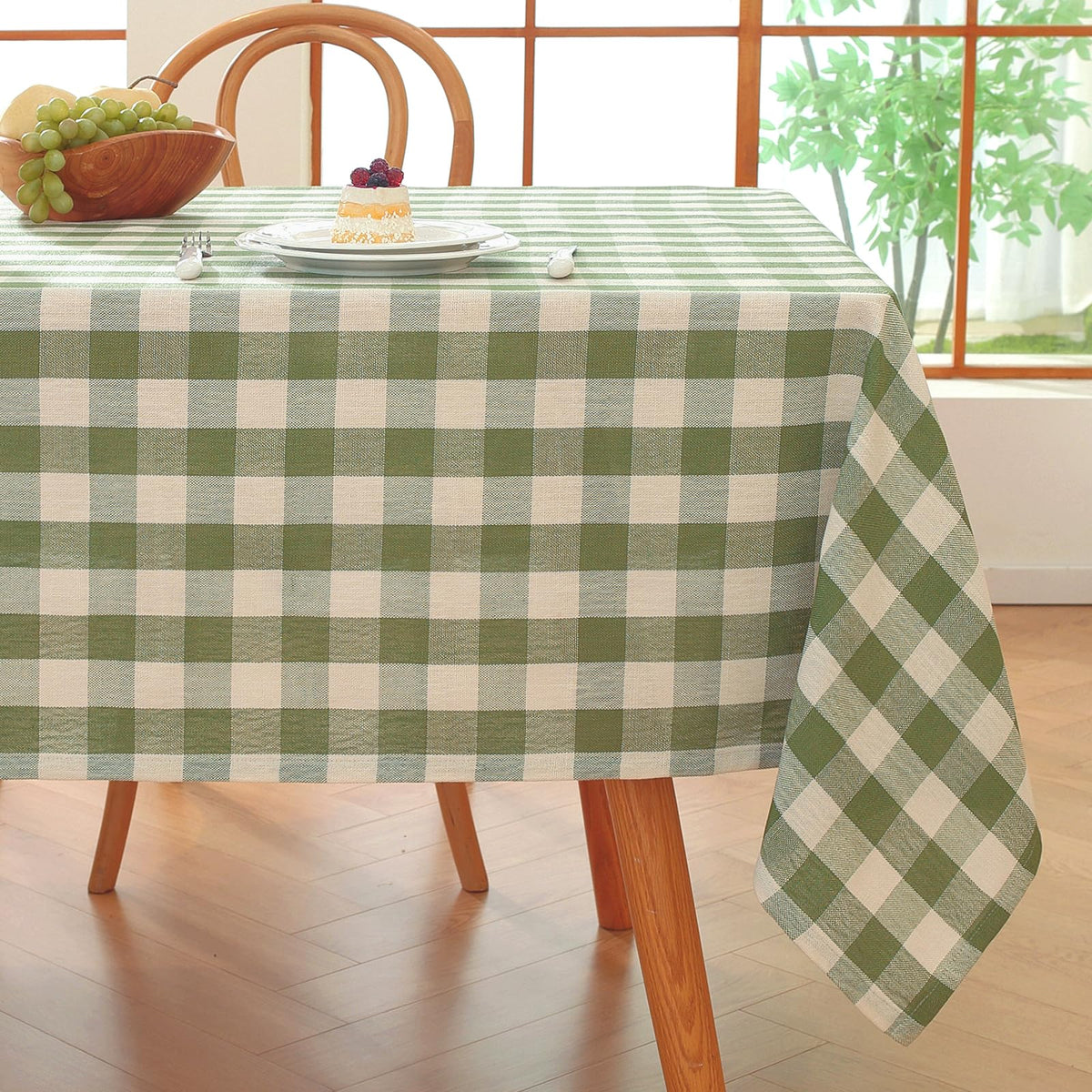Alsoo gingham tablecloth on table shows sturdy drop for 4-6 seats