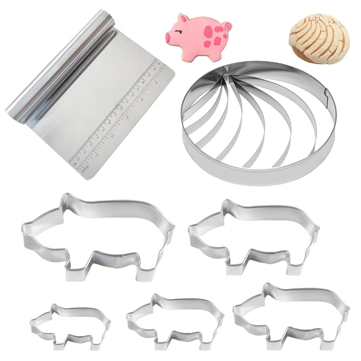 Alunduto pig cookie cutter set for cookies and fondant; six sizes for versatile use.