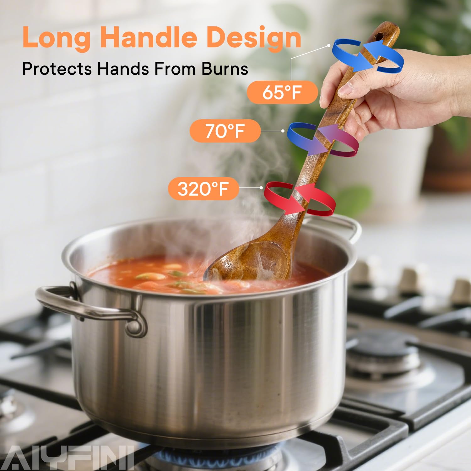 Alyfini acacia spaghetti spoon for lifting pasta without clumping.