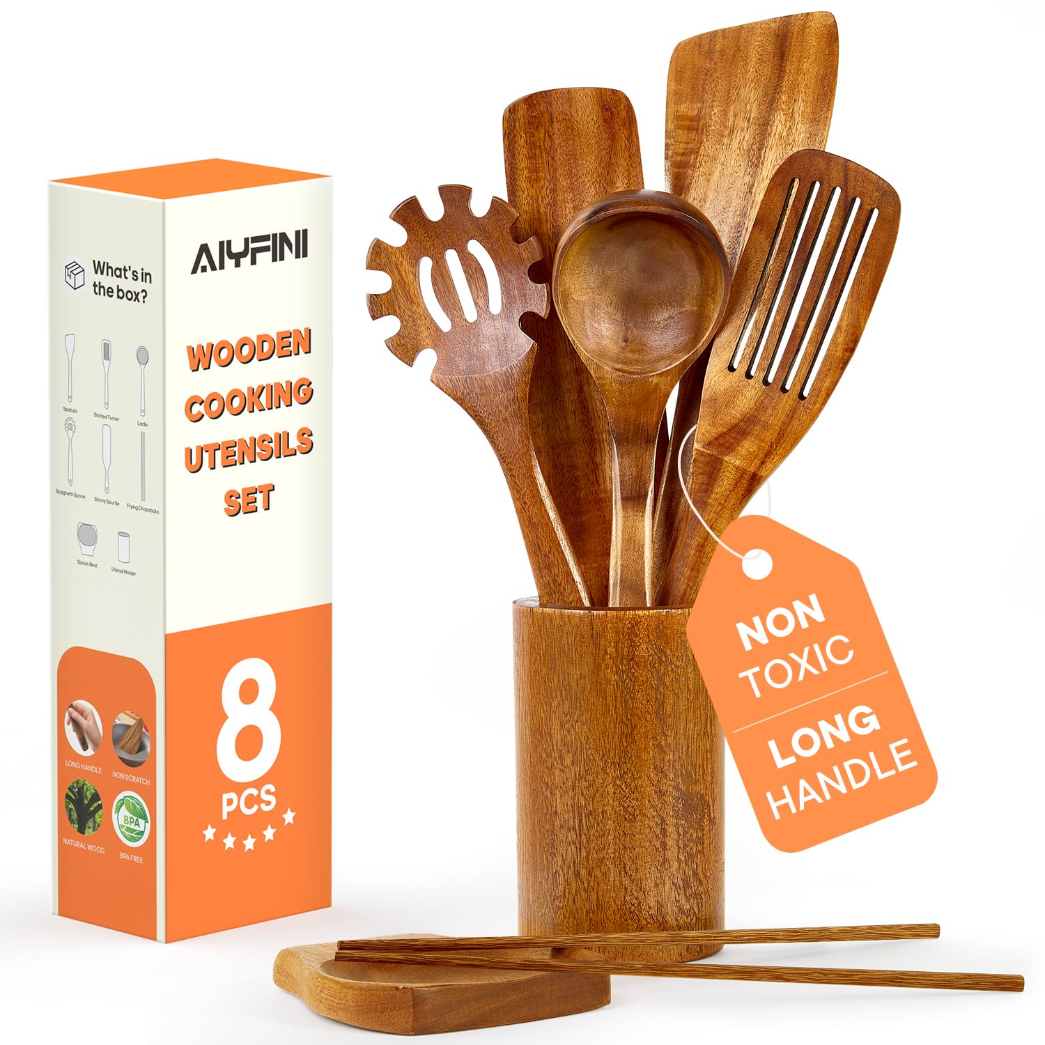 Alyfini acacia wooden spatula with long handle for safe stirring on non-stick pans.