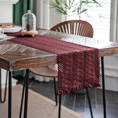 Alynsehom boho dining setup features burgundy runner adding festive flair.