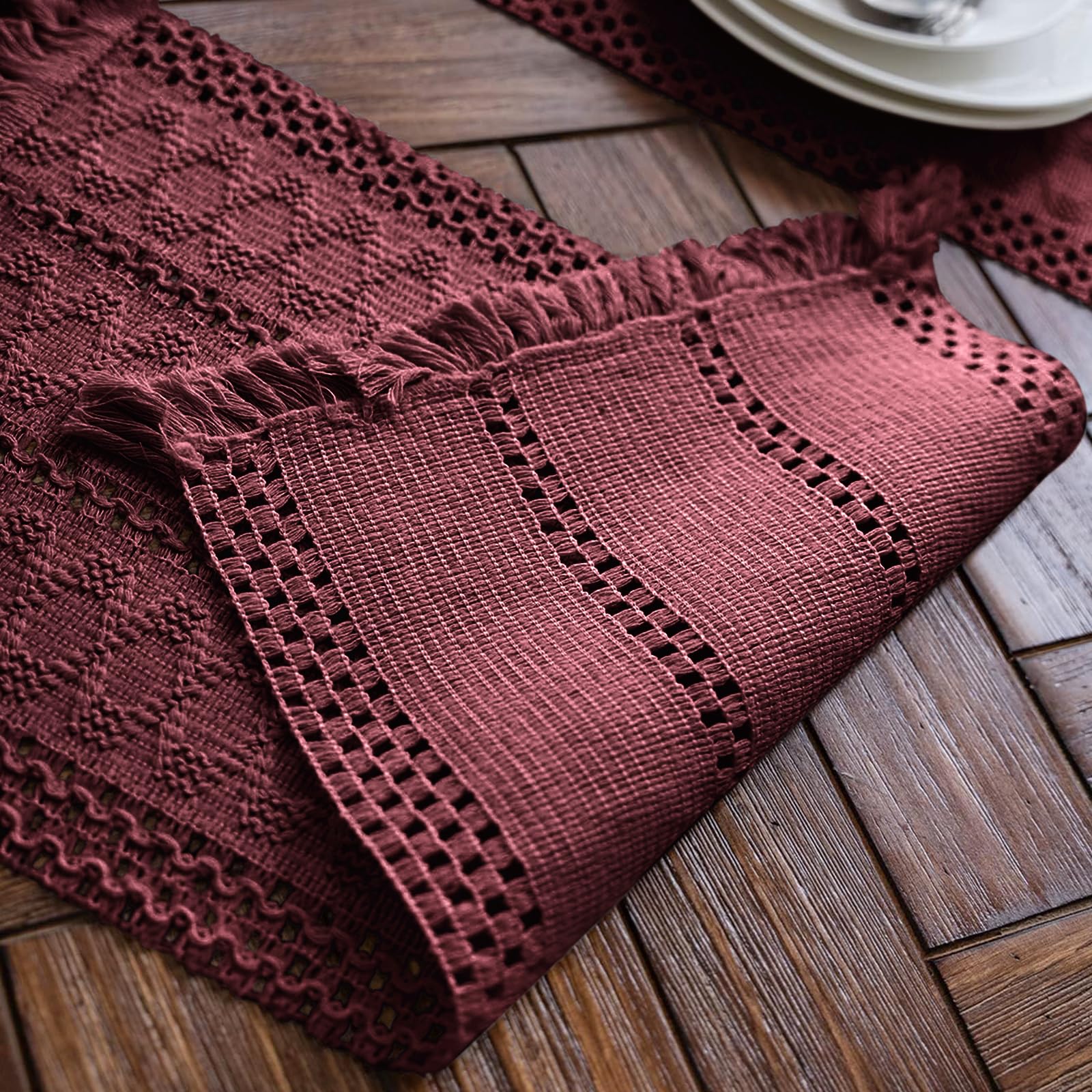 Alynsehom close-up of burgundy weave highlights rustic charm on tables.