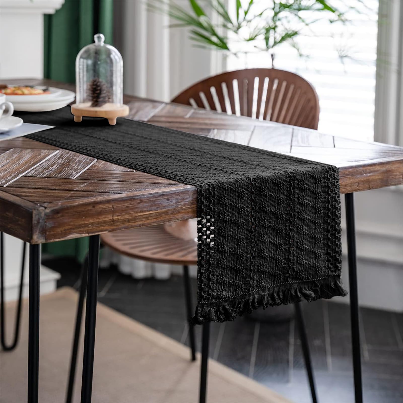 Alynsehom handwoven cotton table runner closeup shows soft fibers and tassels