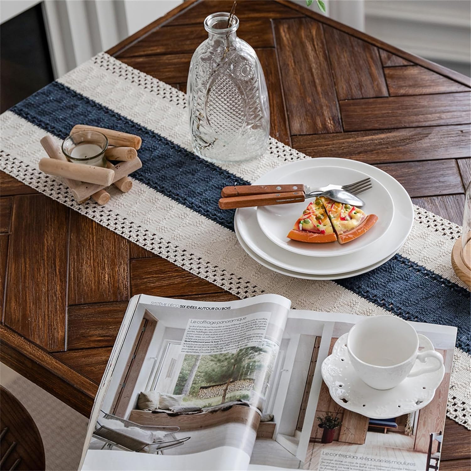 Alynsehom macrame runner with blue stripe adds modern farmhouse flair.