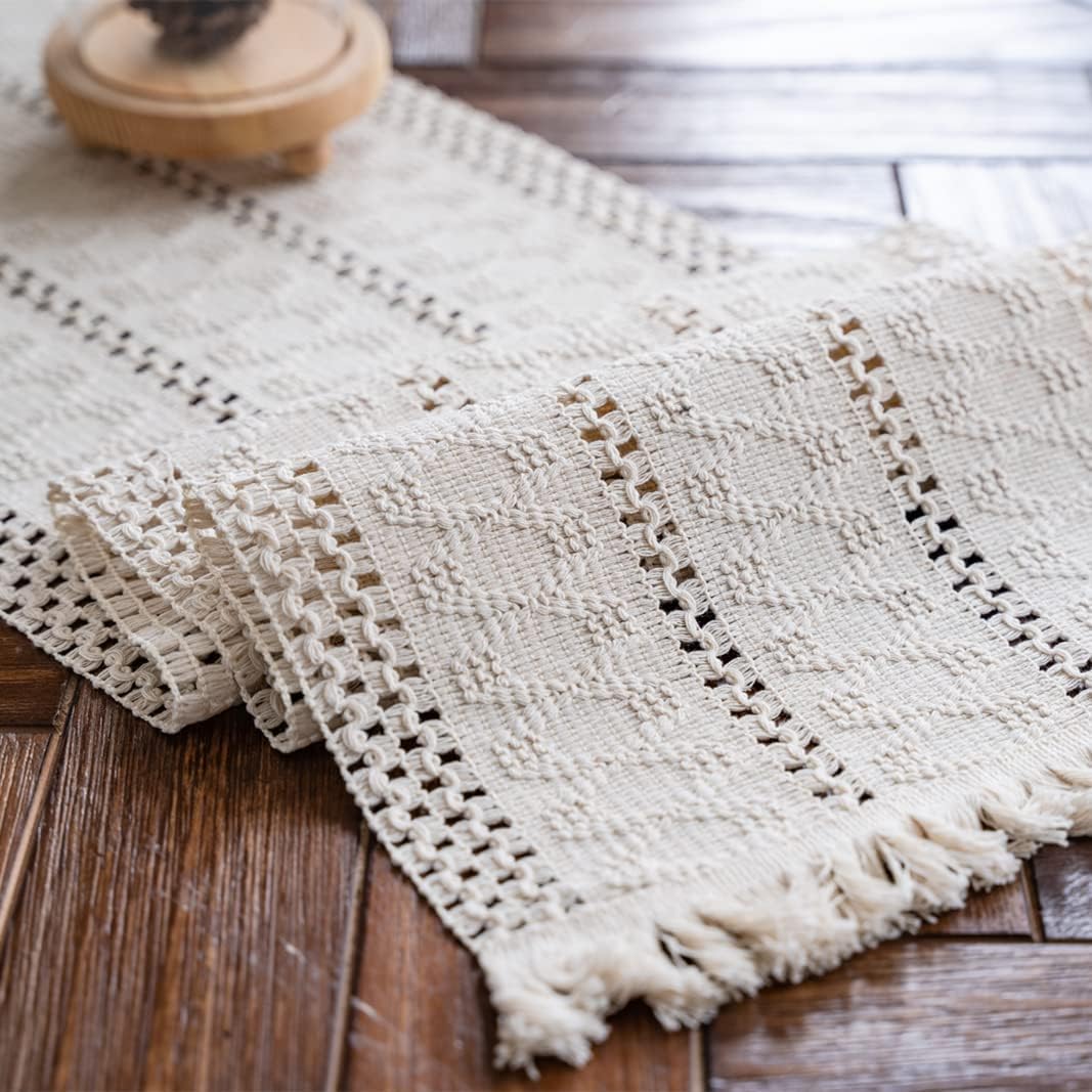 Alynsehom macrame table runner in cream beige with tassels enhances rustic dining tables