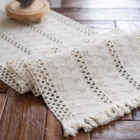 Alynsehom macrame table runner in cream beige with tassels enhances rustic dining tables