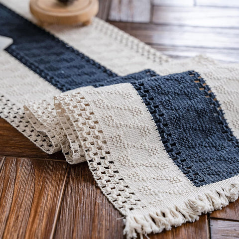 Alynsehom macrame table runner in cream beige with tassels, boho dining ambience.