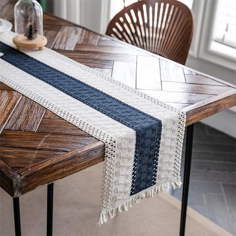Alynsehom cream-beige table runner on dining table enhances meals.