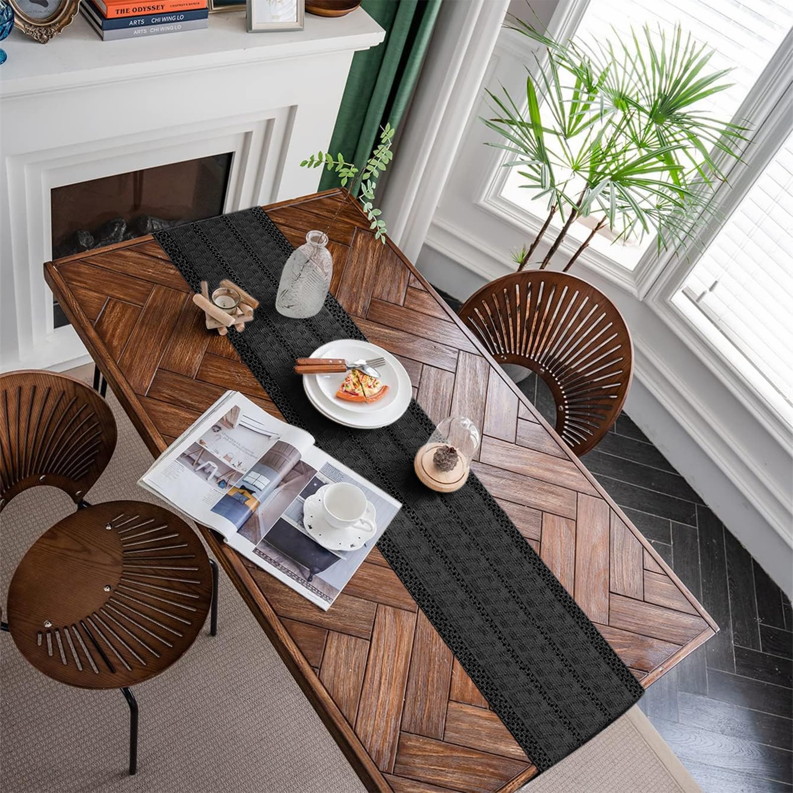 Alynsehom rustic farmhouse decor with macrame runner on a long dining table