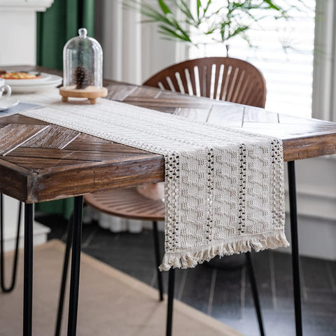 Closeup of tassels on the Alynsehom table runner for tactile texture