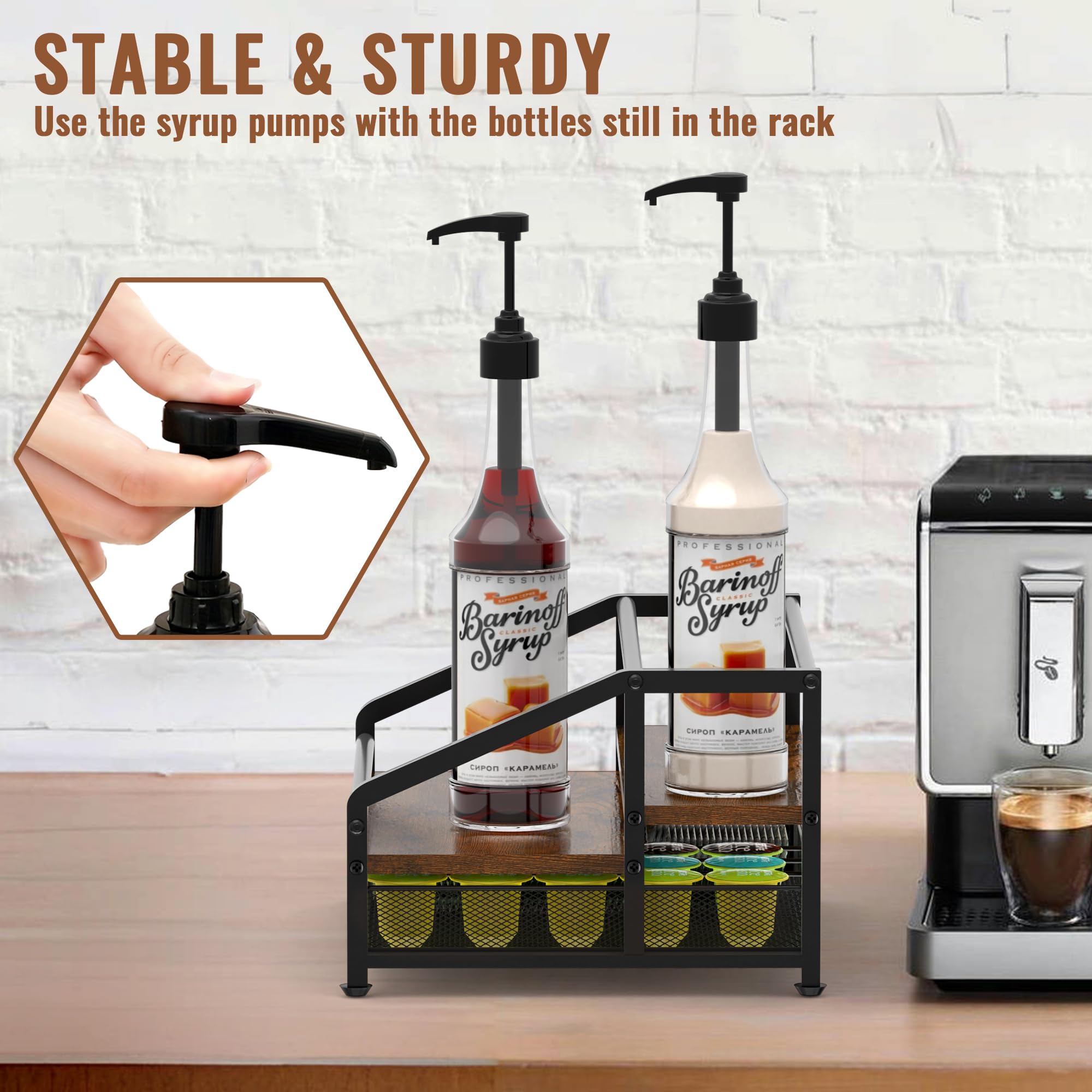 Alyoen coffee syrup organizer rack side view showing stability and space efficiency.
