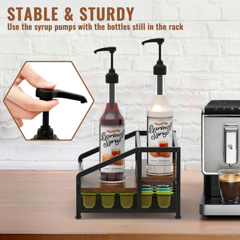 Alyoen coffee syrup organizer rack side view showing stability and space efficiency.