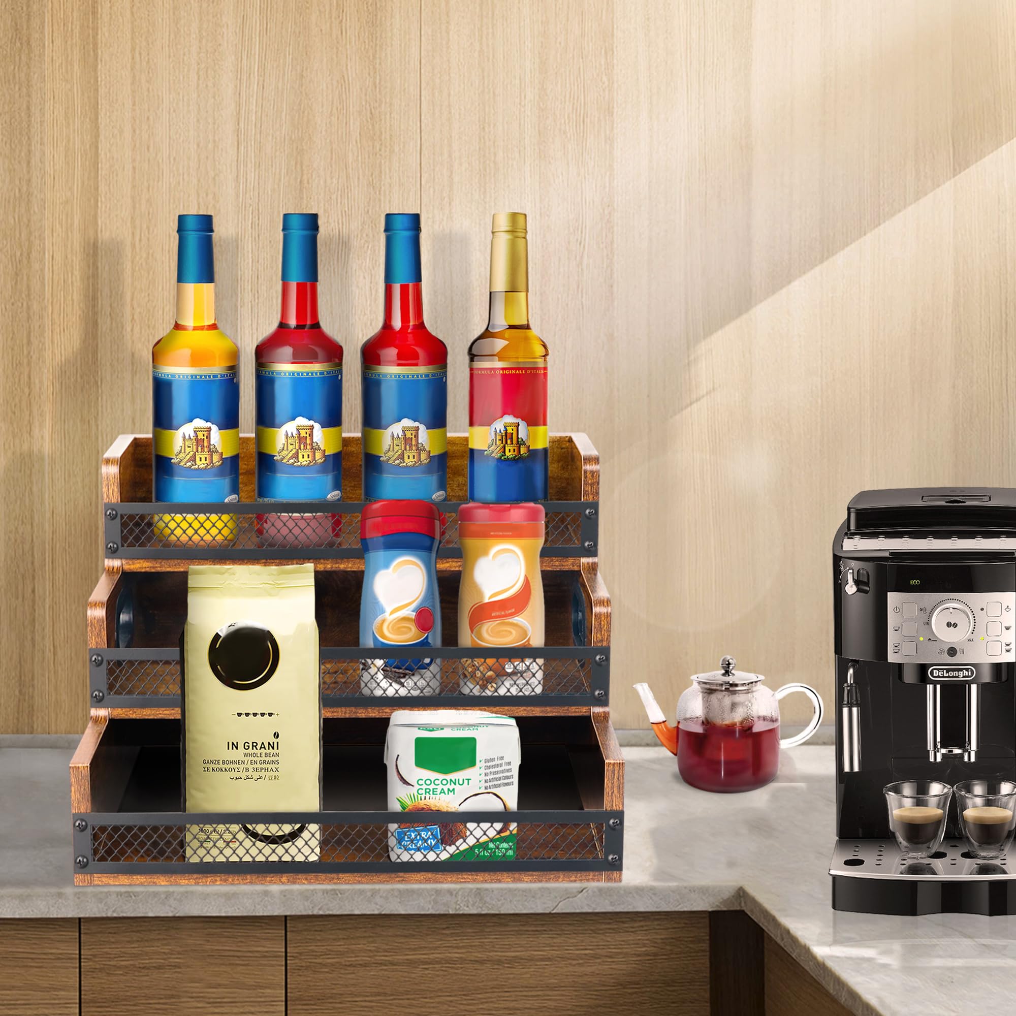 Alyoen coffee syrup rack wood organizes bottles across three levels.