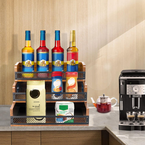 Alyoen coffee syrup rack wood organizes bottles across three levels.
