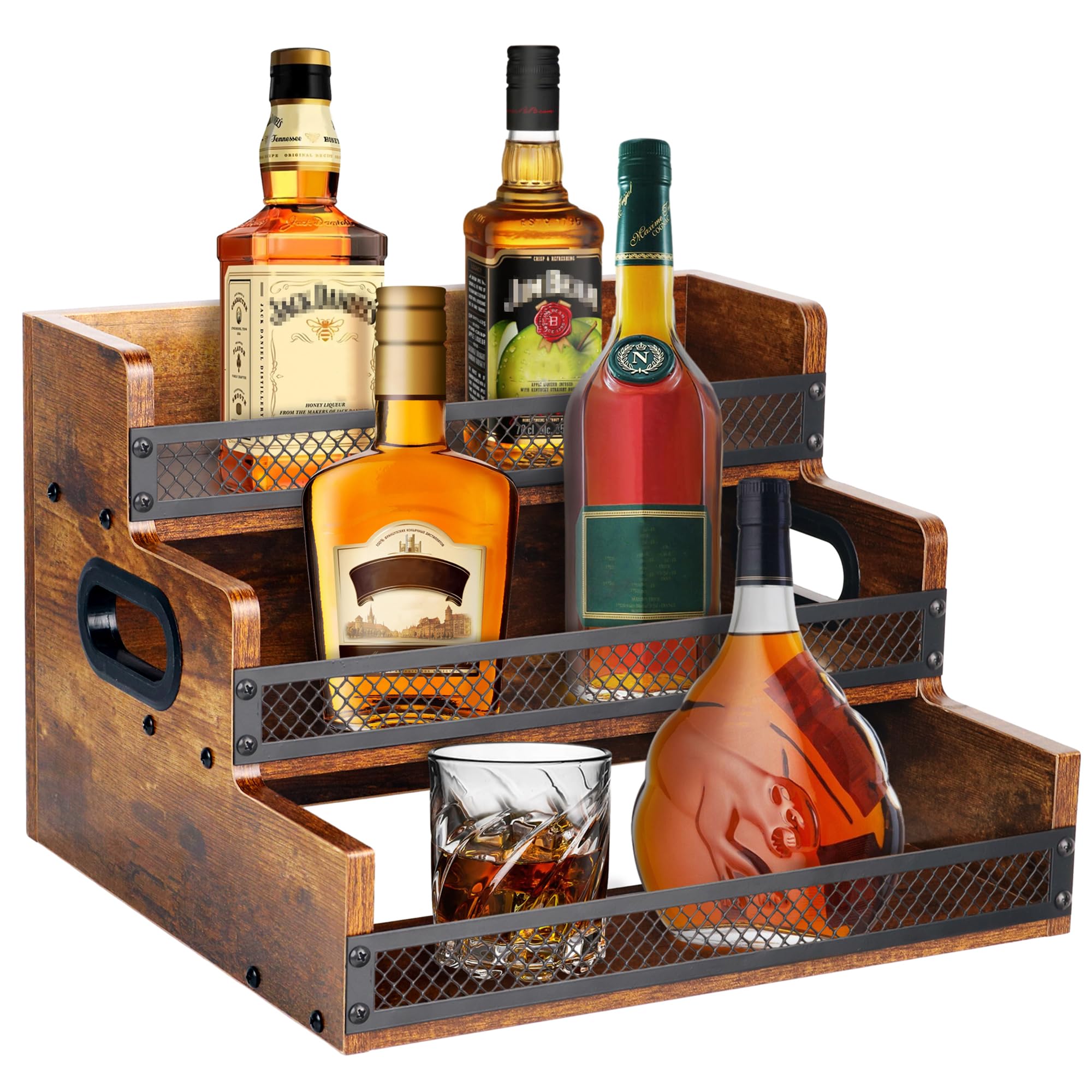 Alyoen liquor bottle display shelf with side fences protecting bottles.