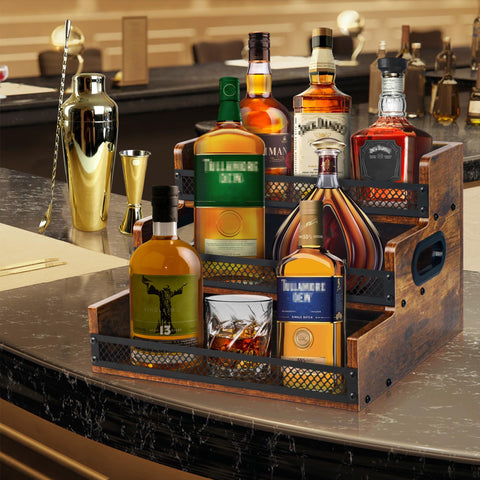 Alyoen three-tier bar stand provides clear bottle visibility and access.