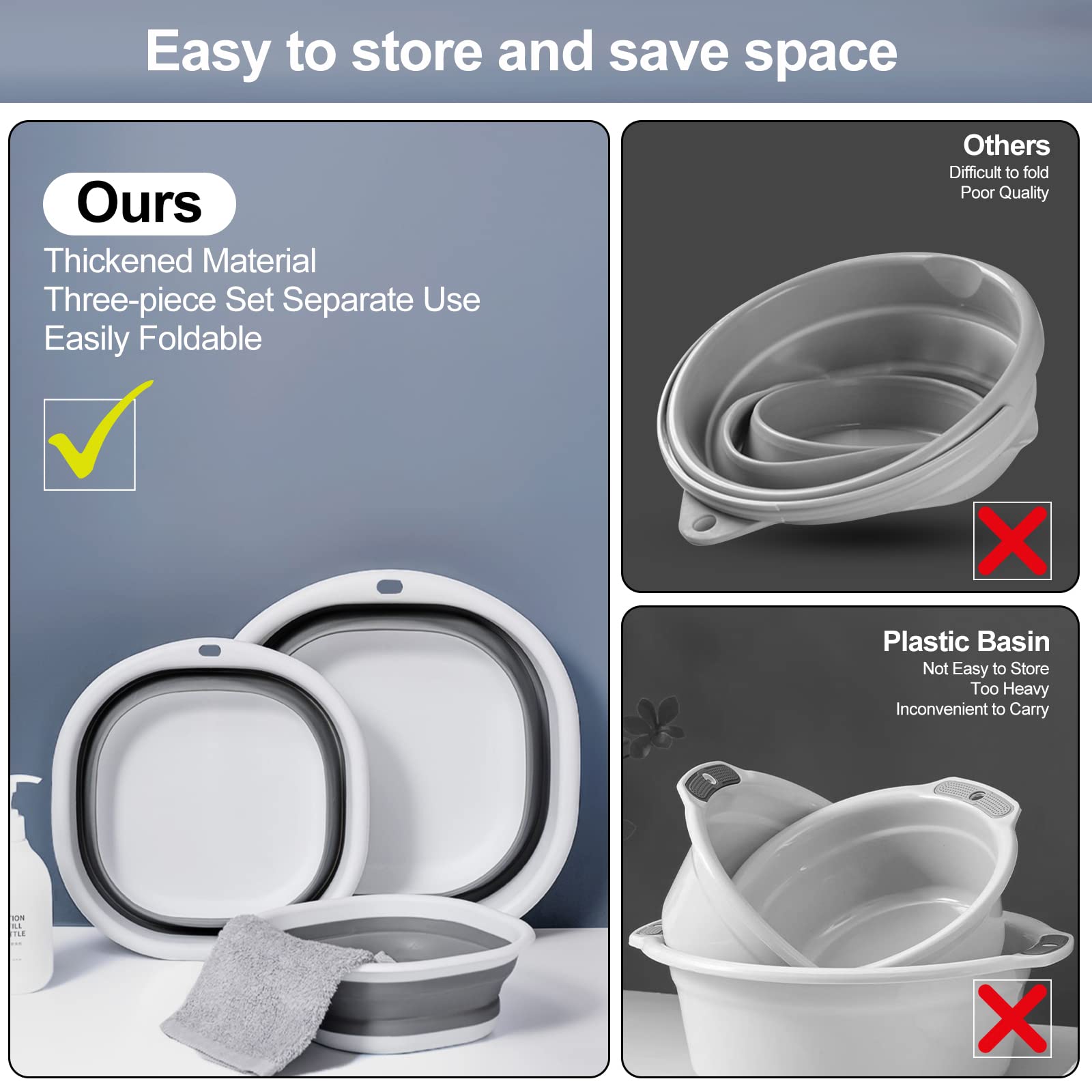 ALYSTER foldable wash basin stackable design saves kitchen or RV storage.