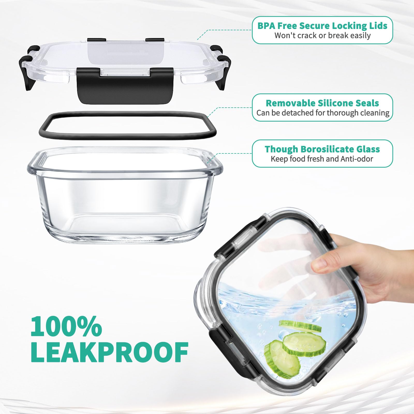 Amaleko airtight lids with removable silicone seals prevent spills.