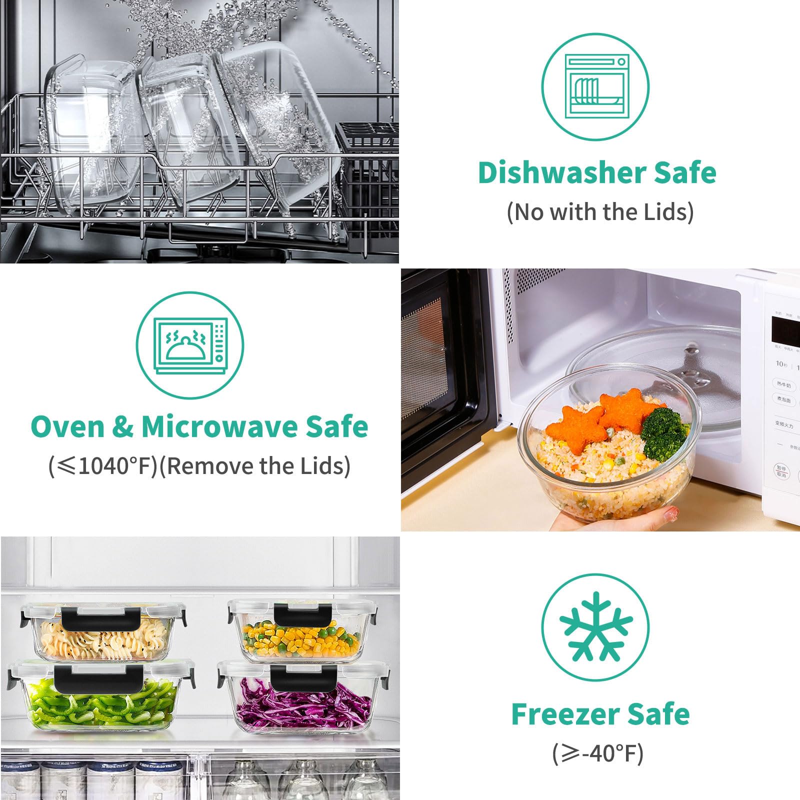 Amaleko glass containers are microwave, oven, freezer-safe, and dishwasher-safe with lids off.