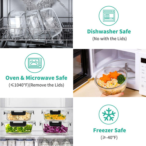 Amaleko glass containers are microwave, oven, freezer-safe, and dishwasher-safe with lids off.