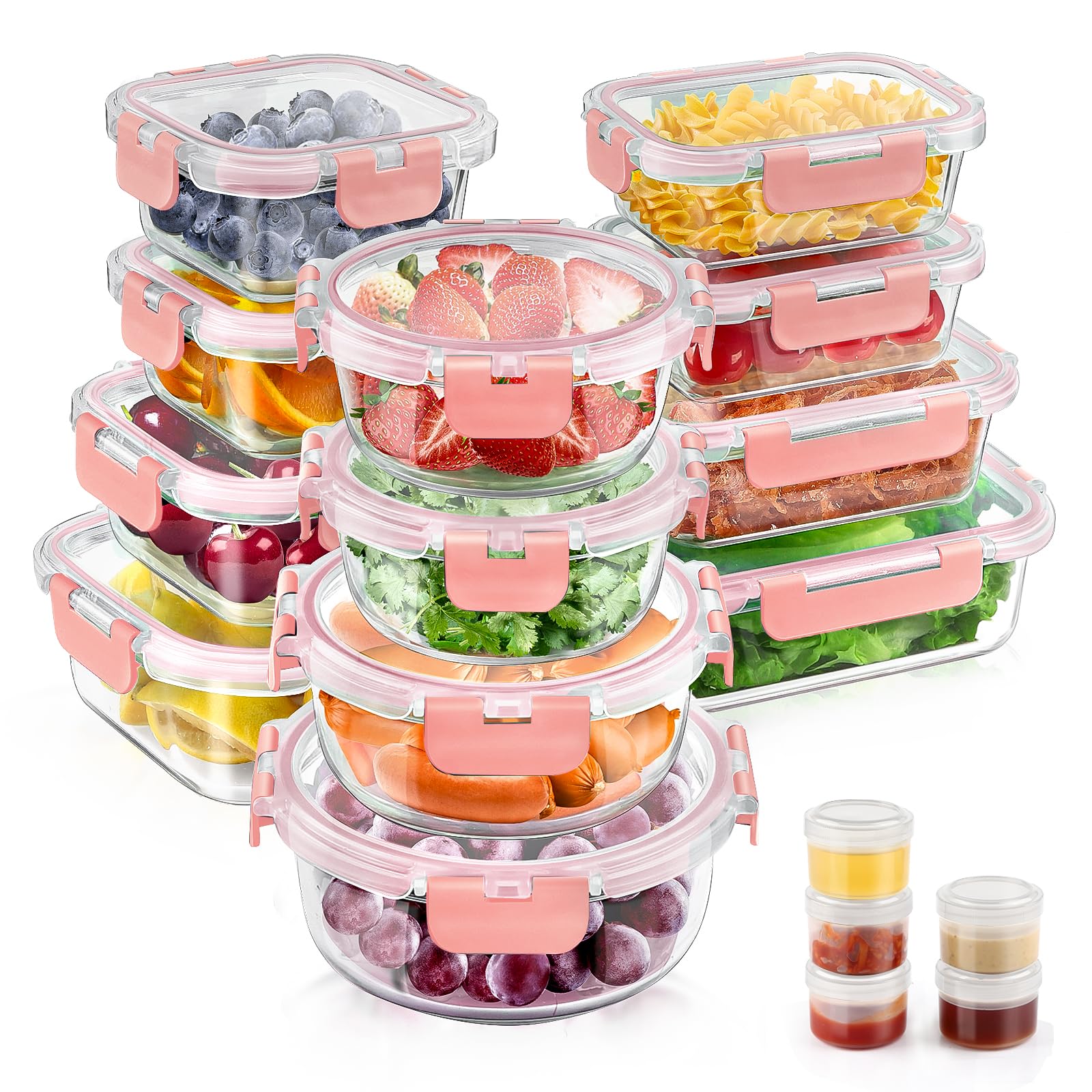 AMALEKO pink 34-piece glass container set with varied sizes for versatile meal prep.