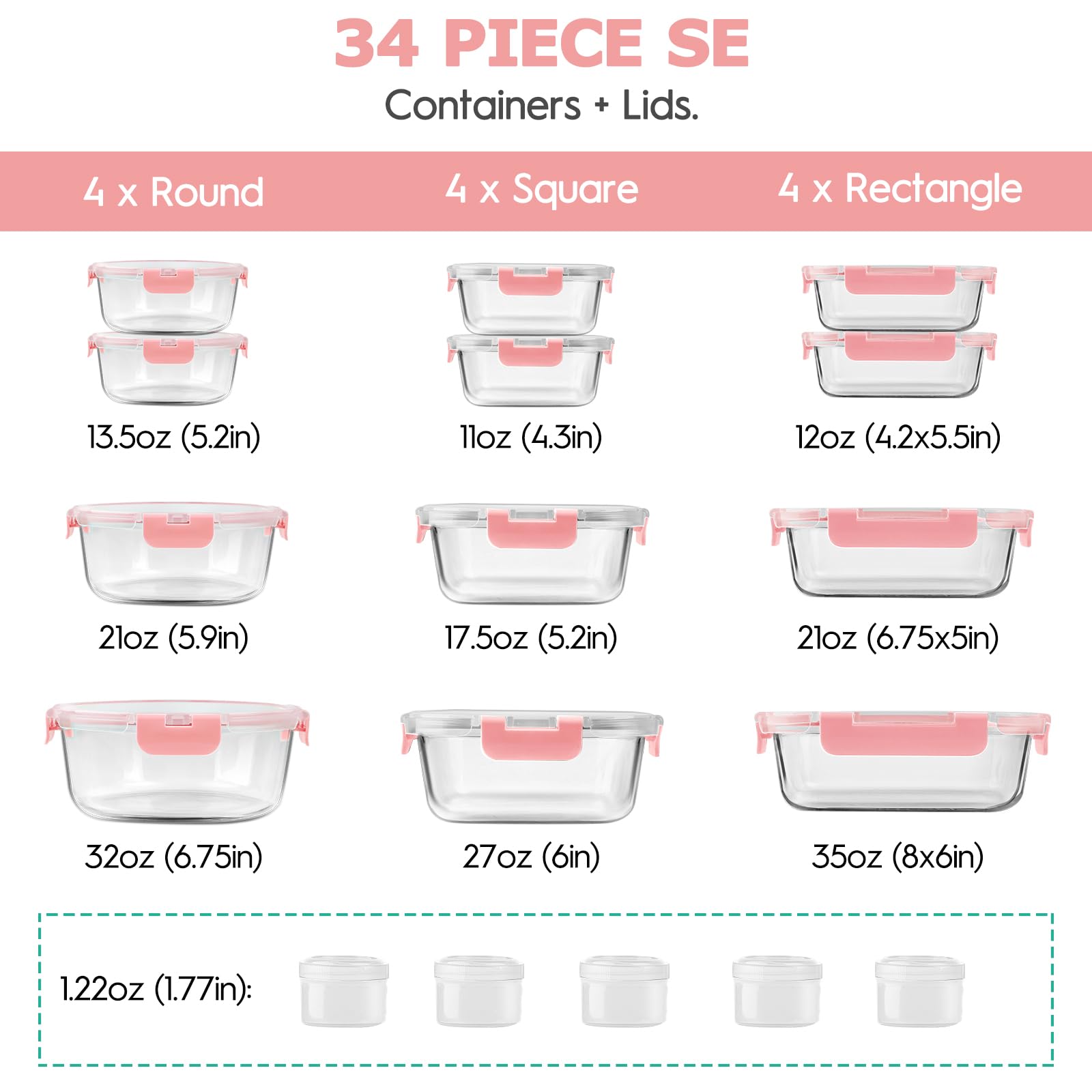 AMALEKO pink round glass containers in 13-32 oz sizes for easy portions.