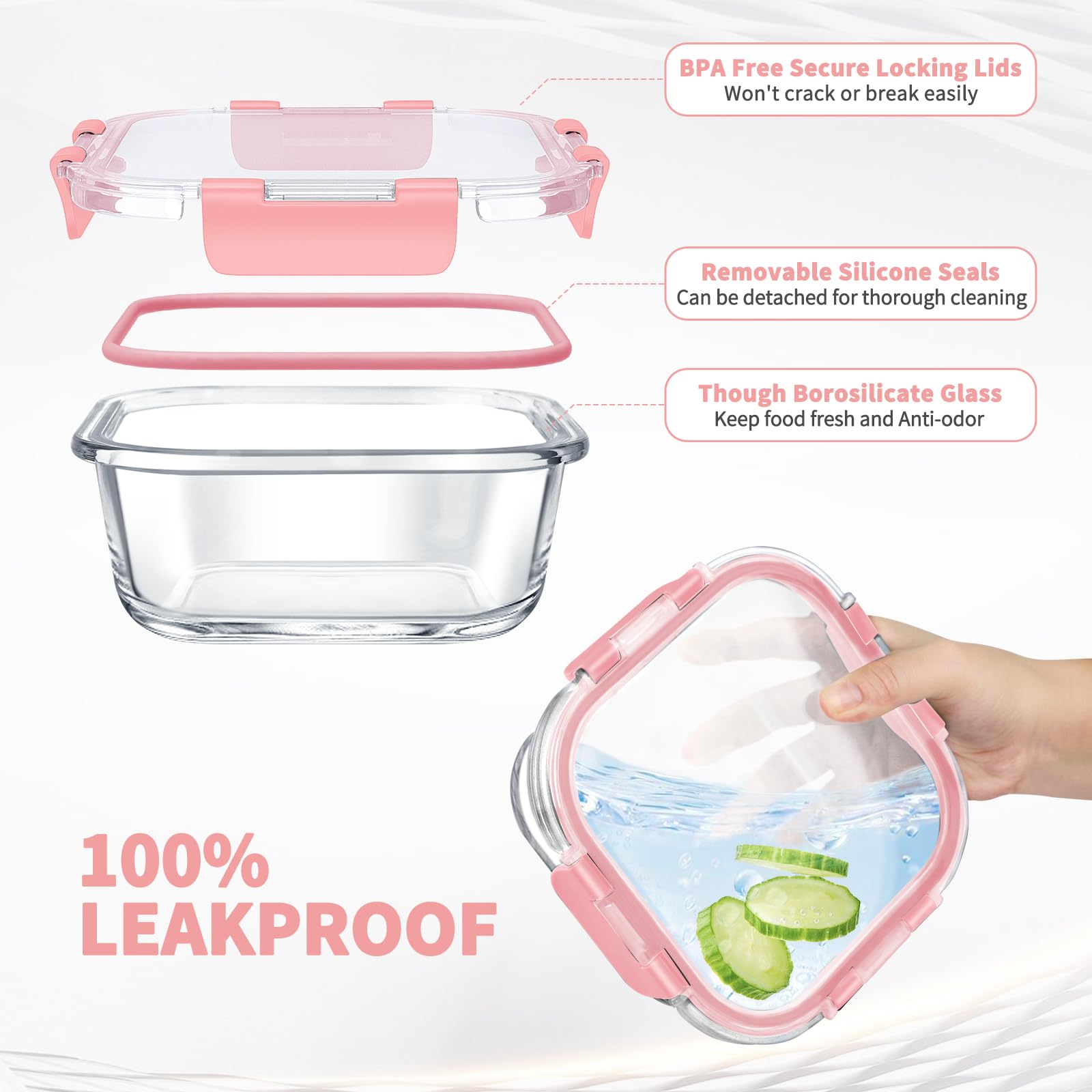 AMALEKO pink square glass containers in 11-27 oz sizes for meals.