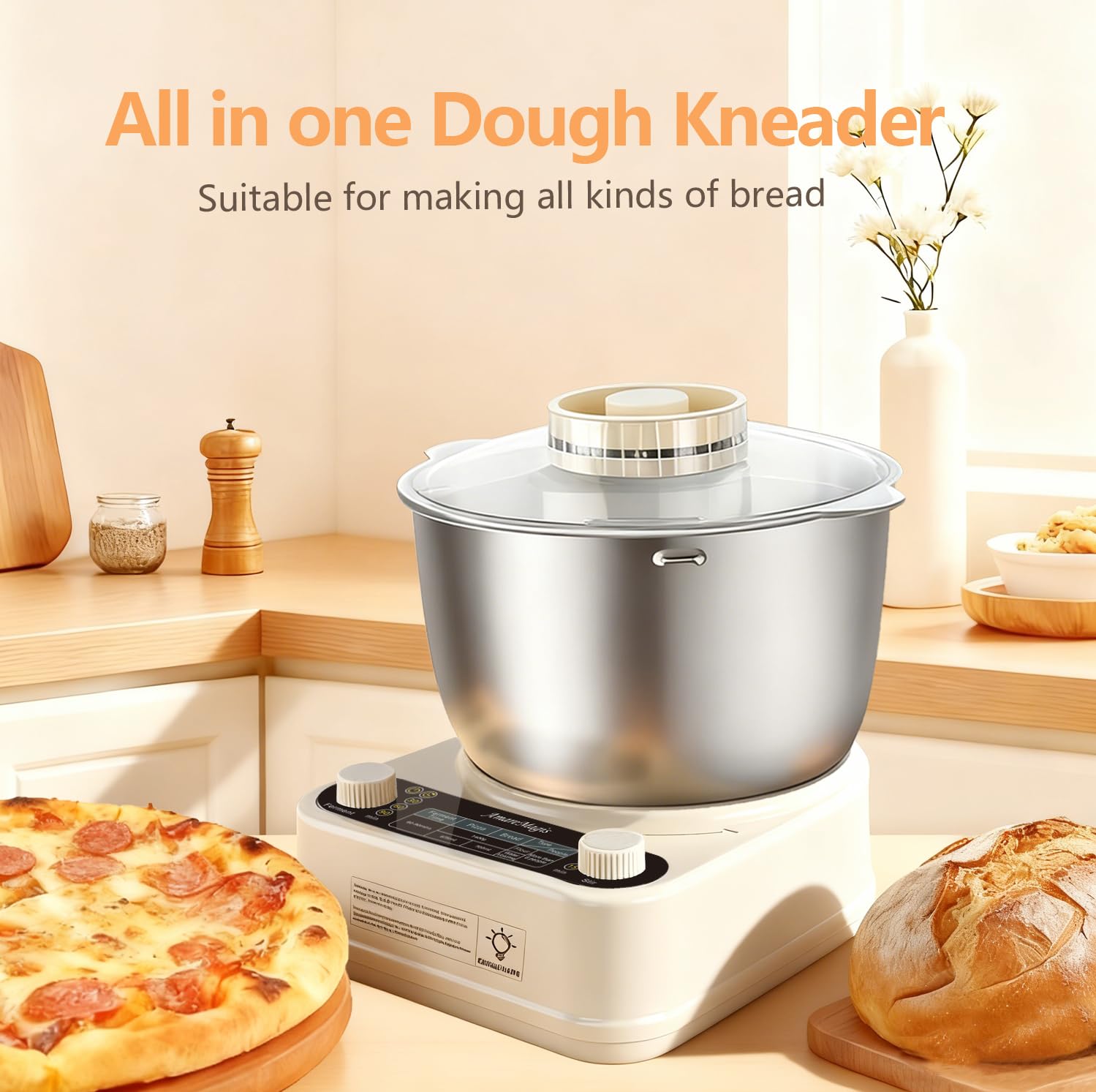 AmareMagis dough mixer 5.34qt bowl ideal for kneading bread and pizza dough.