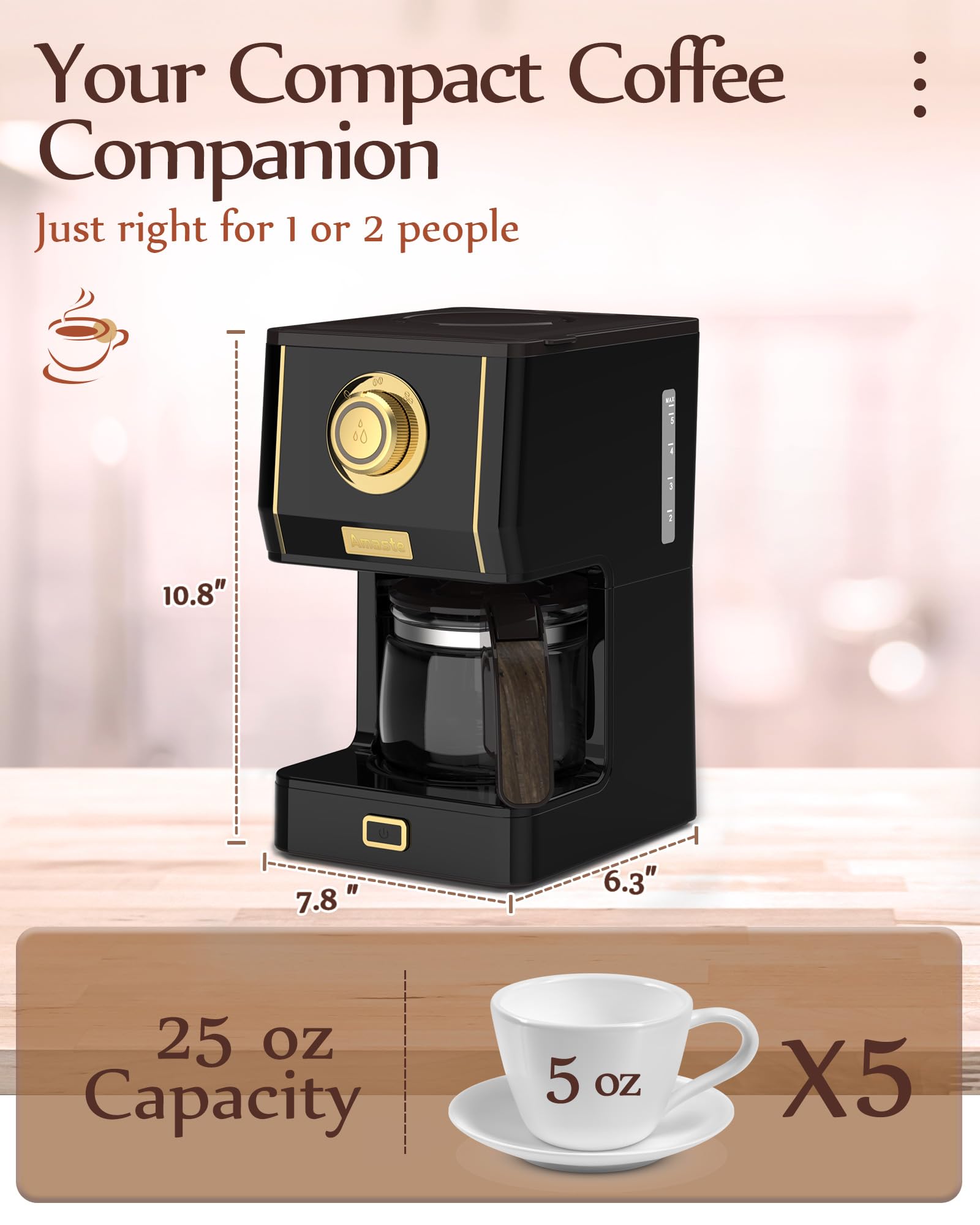 Amaste anti-drip design keeps counters clean during brewing.