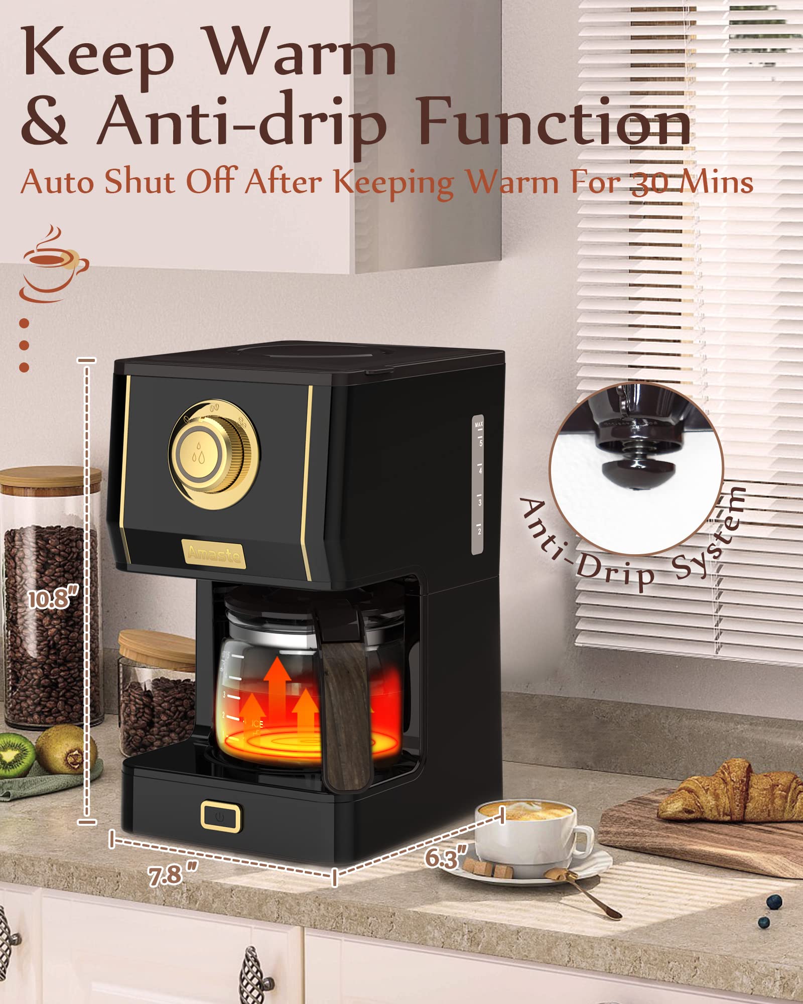 Amaste compact-sized coffee maker fits small kitchens.