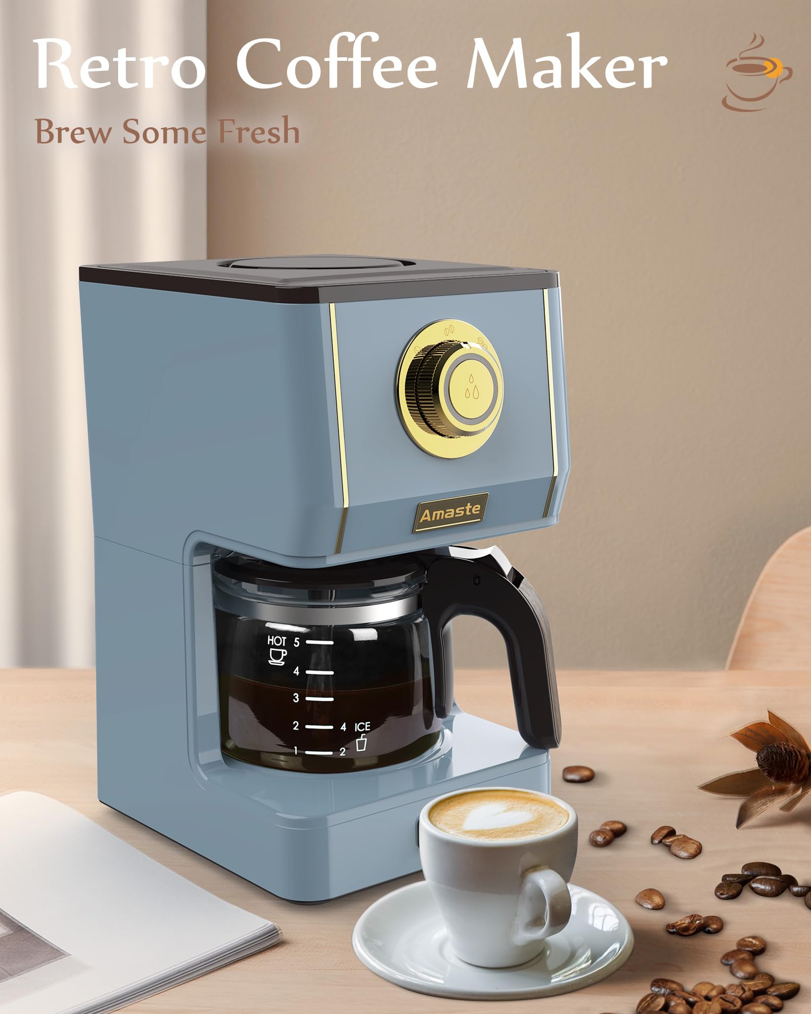 Amaste coffee maker displaying three brewing modes for Mild, Medium, and Strong.
