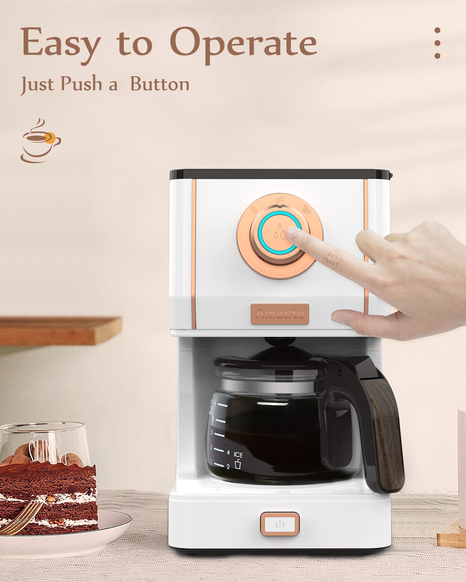 Amaste glass carafe shows visible gauge for accurate filling and flavor consistency.