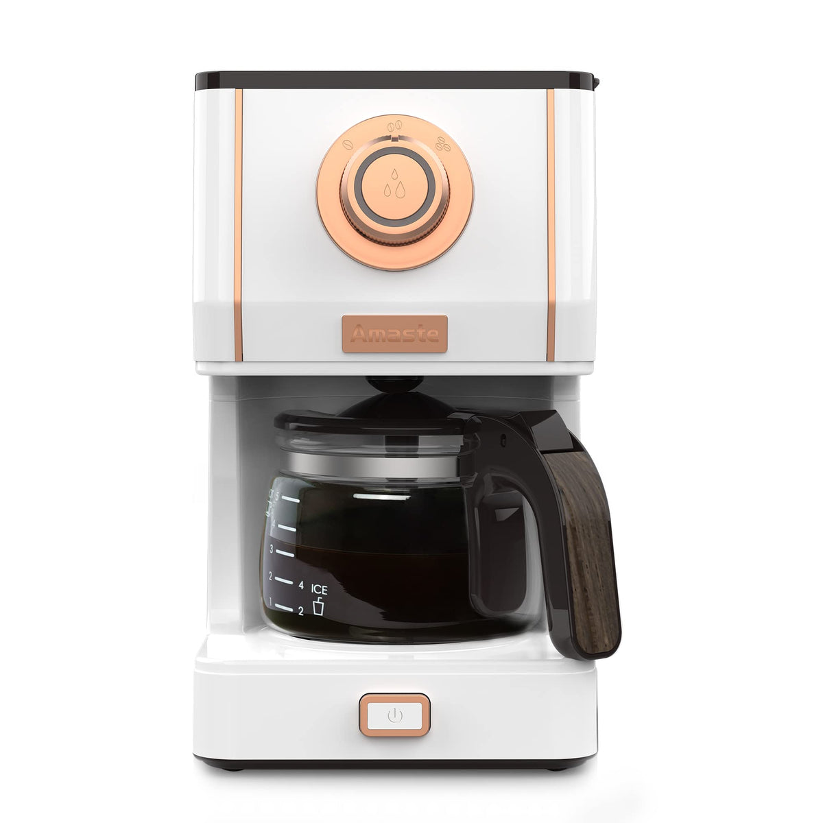 Amaste retro-style coffee machine front view with rose-gold accents for a stylish kitchen.