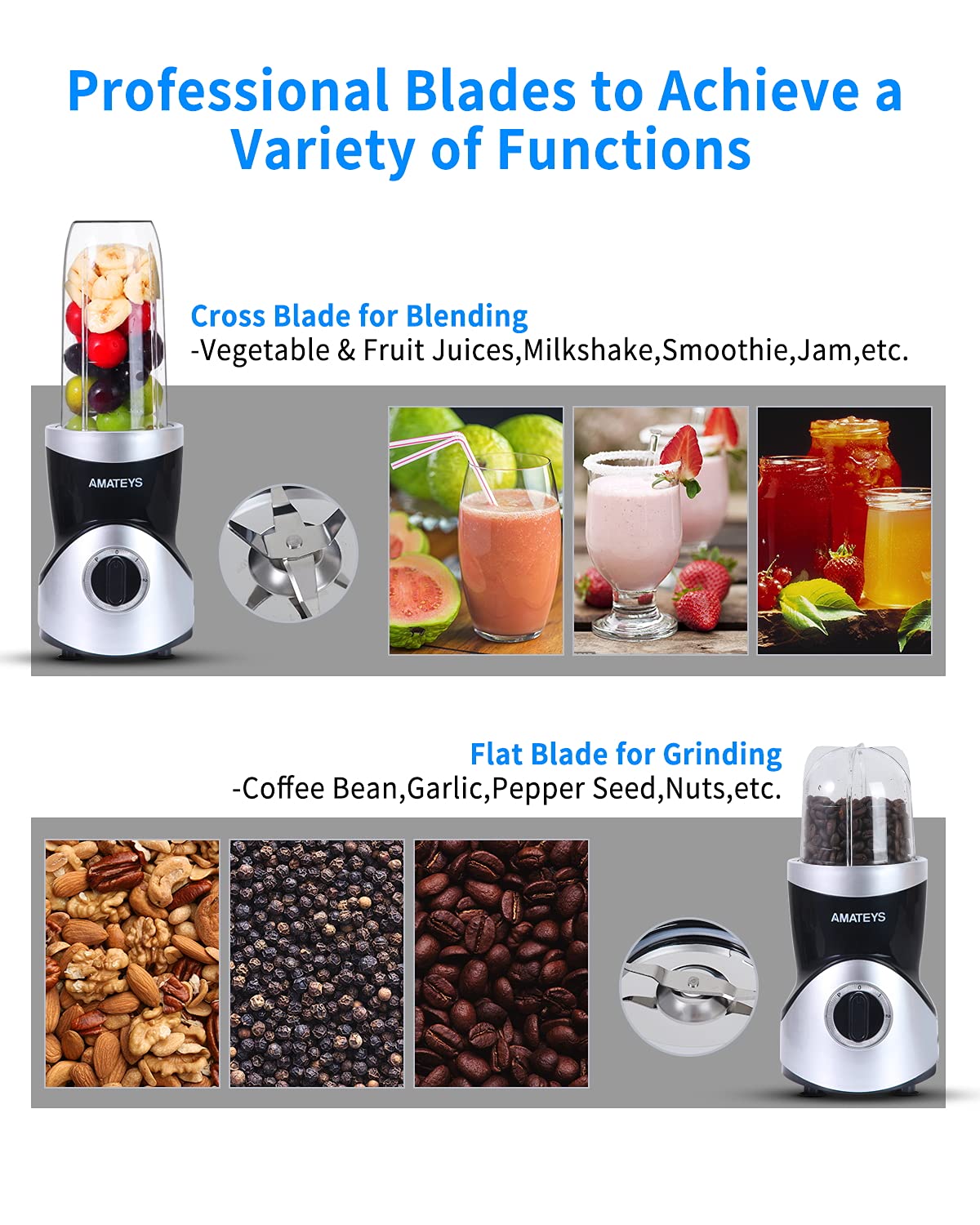 Amateys grinding blades in stainless steel empower versatile blending and grinding.