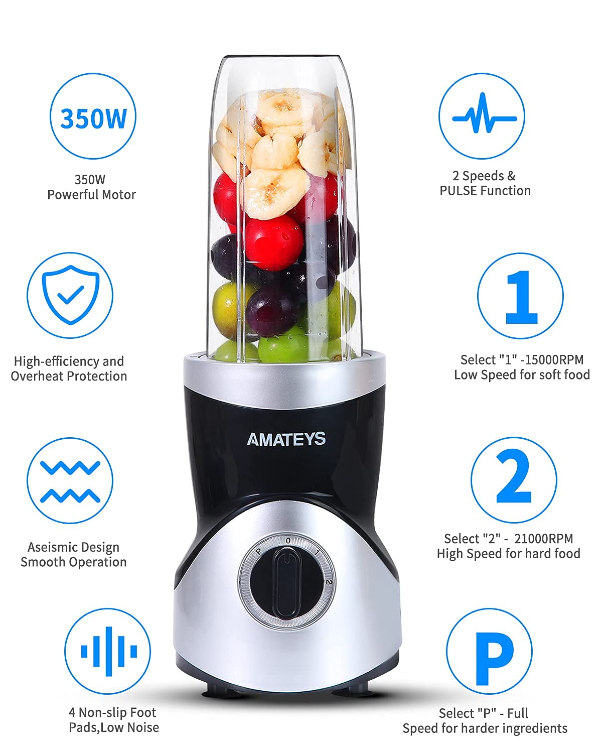 Amateys speed control dial lets you tailor consistency for soft or hard ingredients.