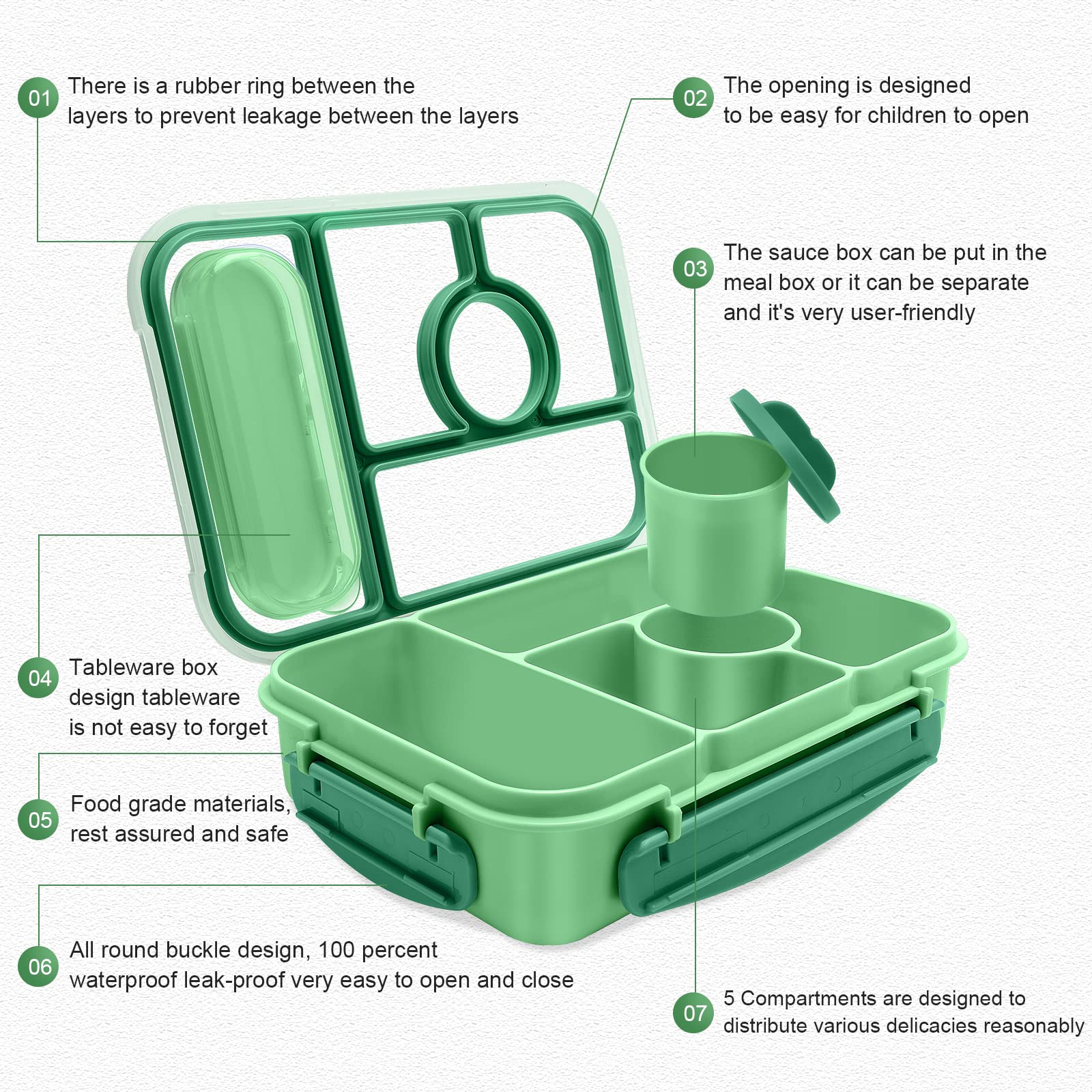 Amathley Bento Box leakproof clips keep foods sealed during travel.