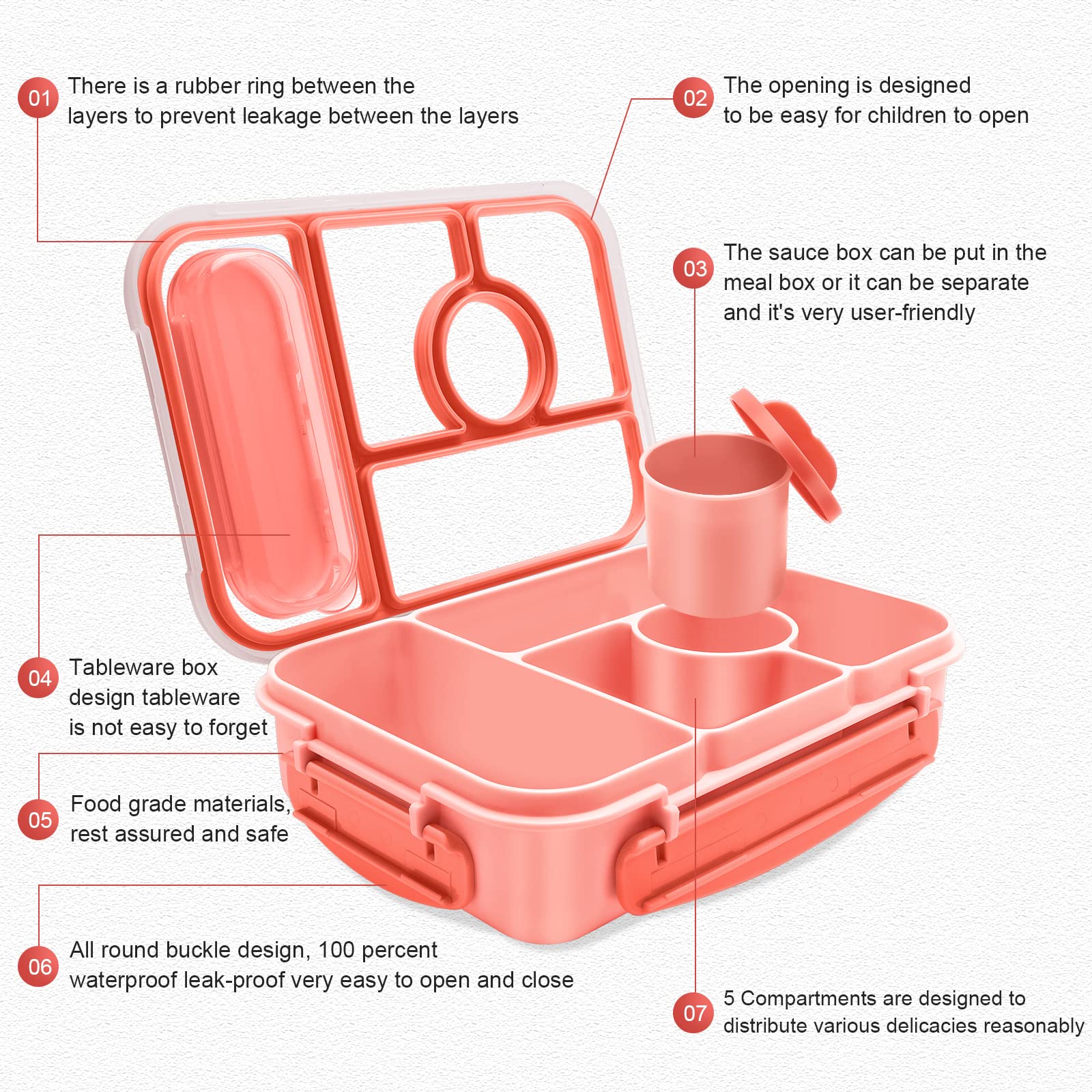 Amathley Bento Box pink five compartments keeps meals neatly organized.