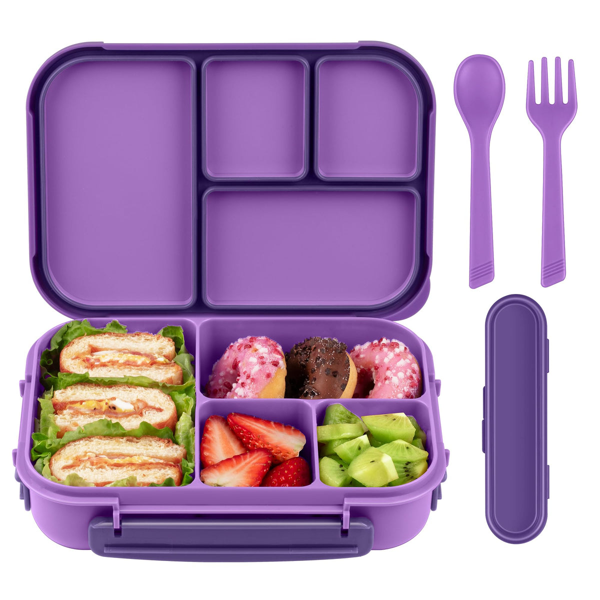Amathley kids lunch box with four compartments in purple for organized meals