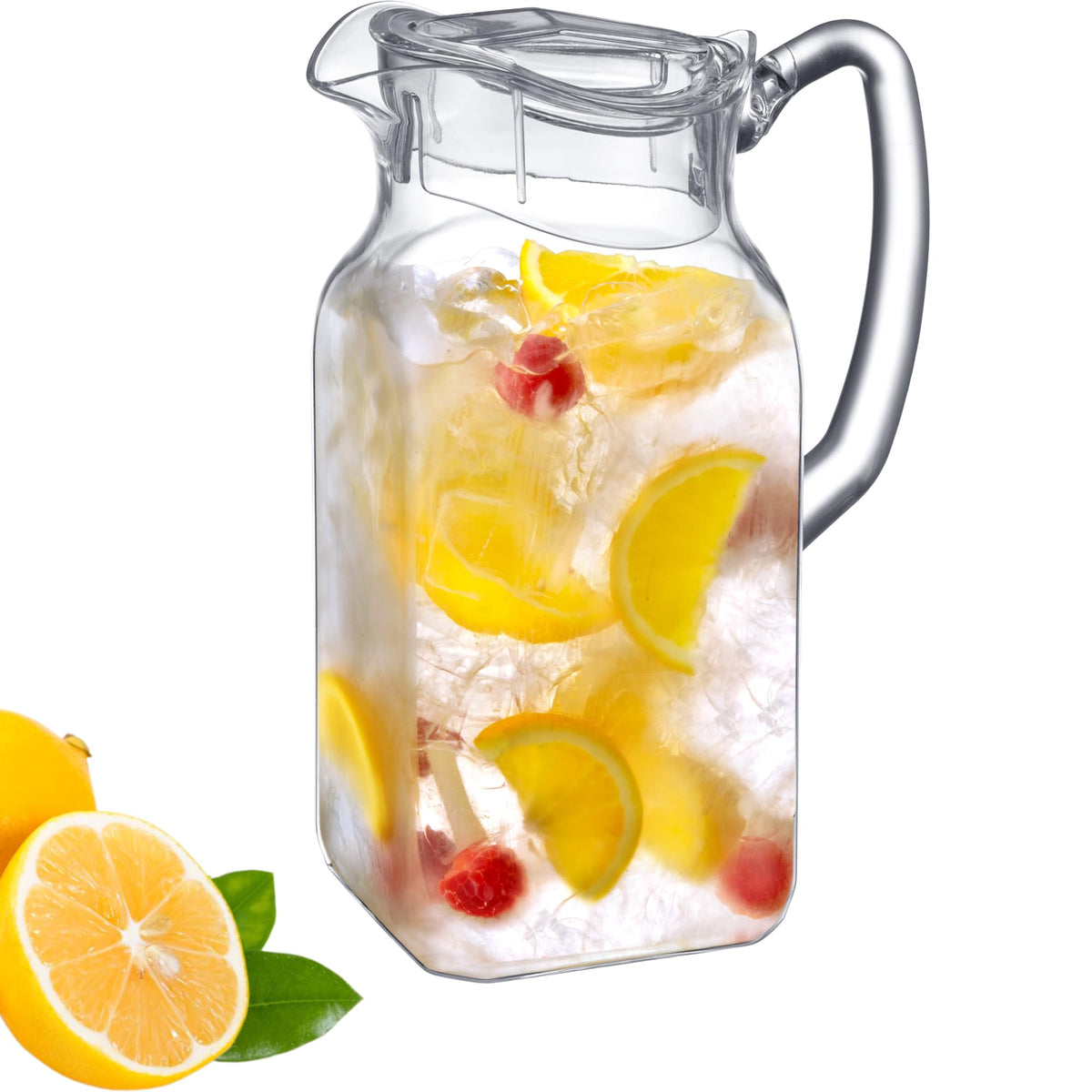 Amazing Abby Quadly pitcher with clear body and lid, ideal for fridge storage.